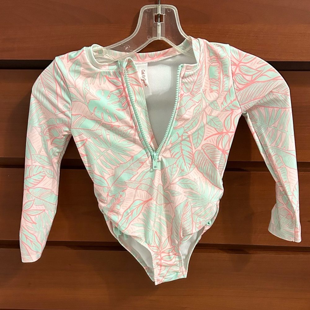 CAT & JACK Girls Tropical Print Rashguard Swimsuit Size 5T